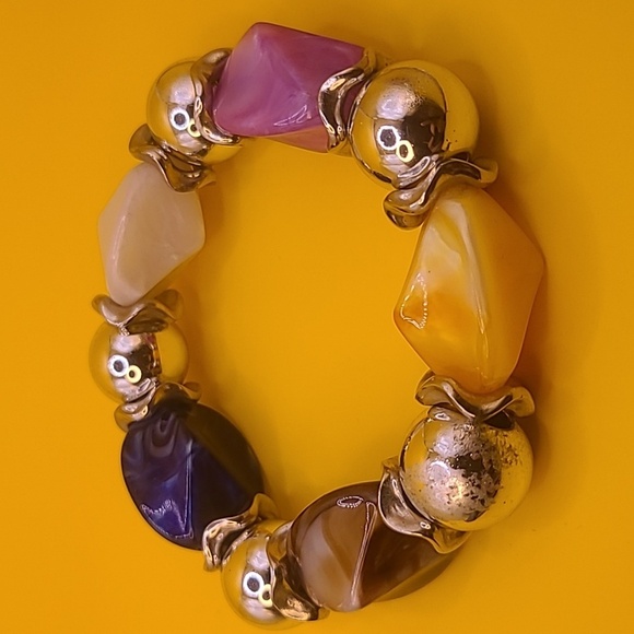 Stretch bracelet with silver tone beads and faux multicolored stones - Picture 2 of 3